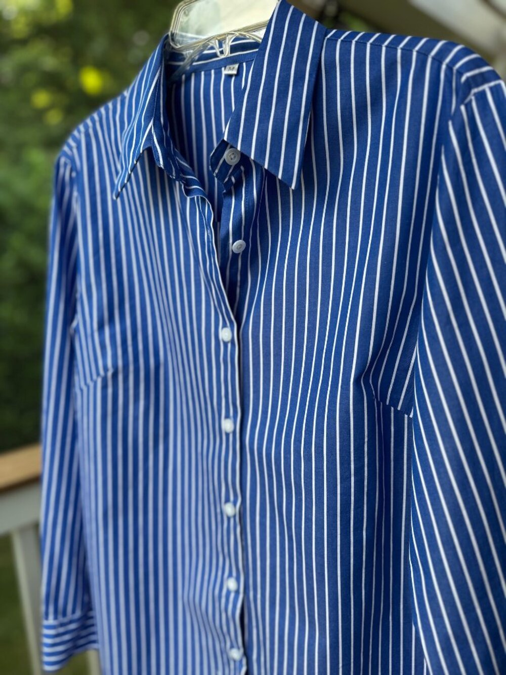 JXD Jeneane Desilets Upcycled Limited Edition Striped Shirt Royal Blue Whte Sz M